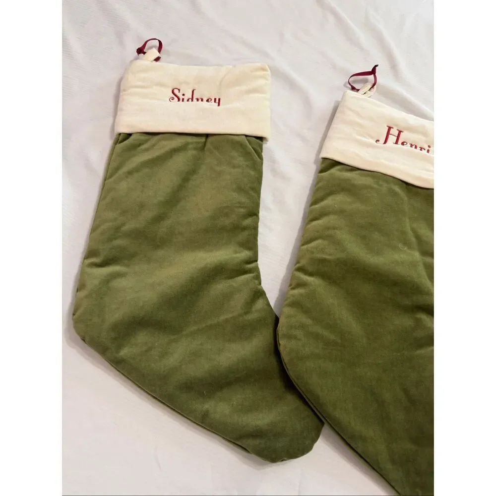 Pottery Barn Classic Med Green Ivory Velvet Christmas Stocking Mono Pick One